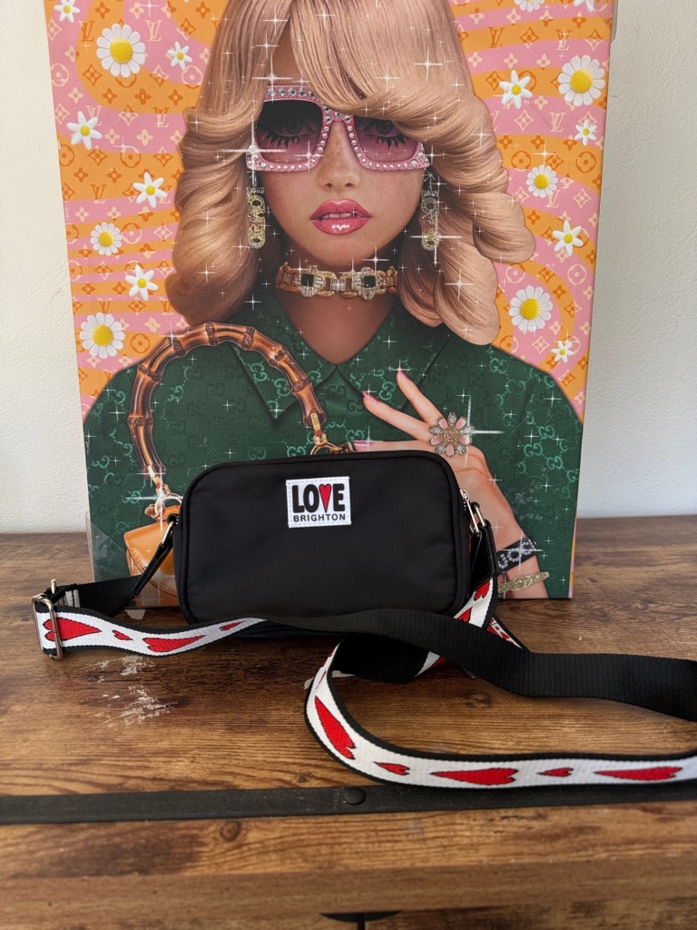 Brighton Black Crossbody with Red and White Heart Strap